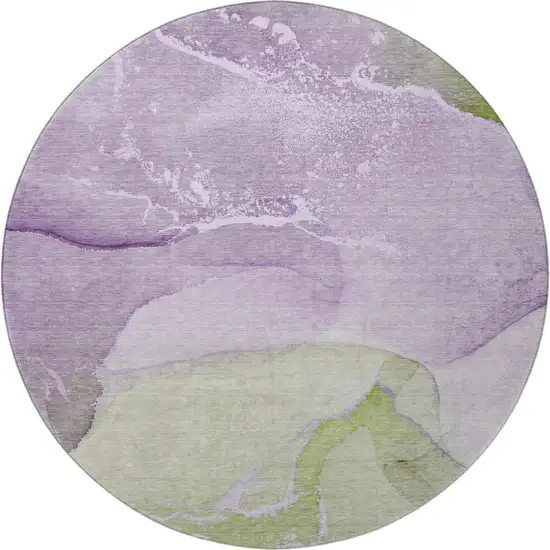 8' Purple Green And Ivory Abstract Washable Round Rug With UV Protection Photo 3
