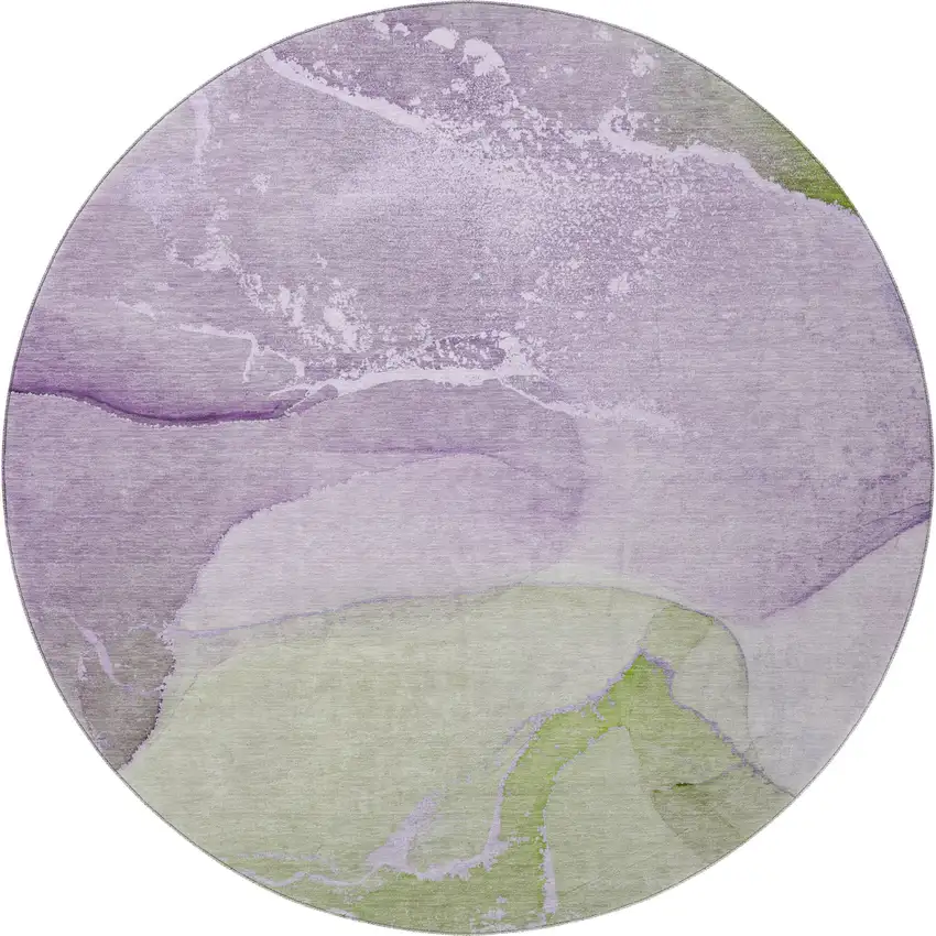 8' Purple Green And Ivory Abstract Washable Round Rug With UV Protection Photo 3