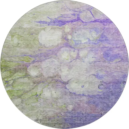 8' Purple Green And Ivory Abstract Washable Round Rug With UV Protection Photo 1