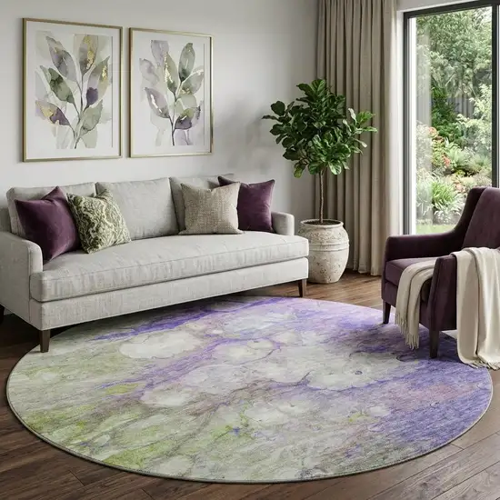 8' Purple Green And Ivory Abstract Washable Round Rug With UV Protection Photo 1