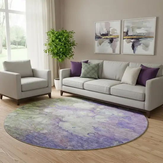 8' Purple Green And Ivory Abstract Washable Round Rug With UV Protection Photo 1