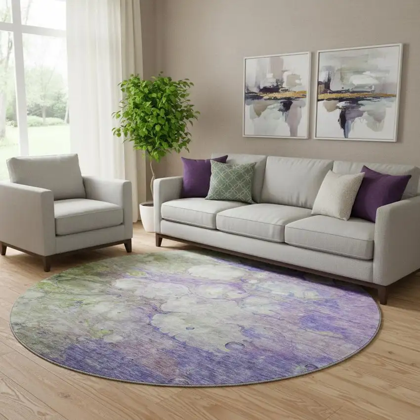 8' Purple Green And Ivory Abstract Washable Round Rug With UV Protection Photo 1