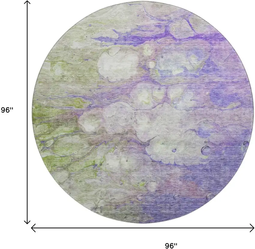 8' Purple Green And Ivory Abstract Washable Round Rug With UV Protection Photo 6