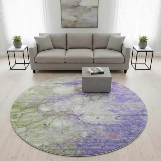 8' Purple Green And Ivory Abstract Washable Round Rug With UV Protection Photo 2