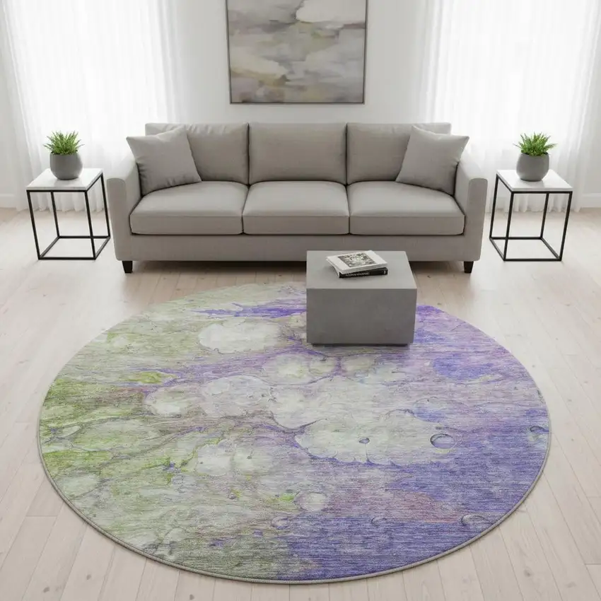 8' Purple Green And Ivory Abstract Washable Round Rug With UV Protection Photo 2