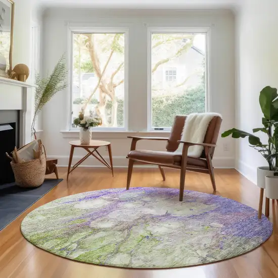 8' Purple Green And Ivory Abstract Washable Round Rug With UV Protection Photo 5