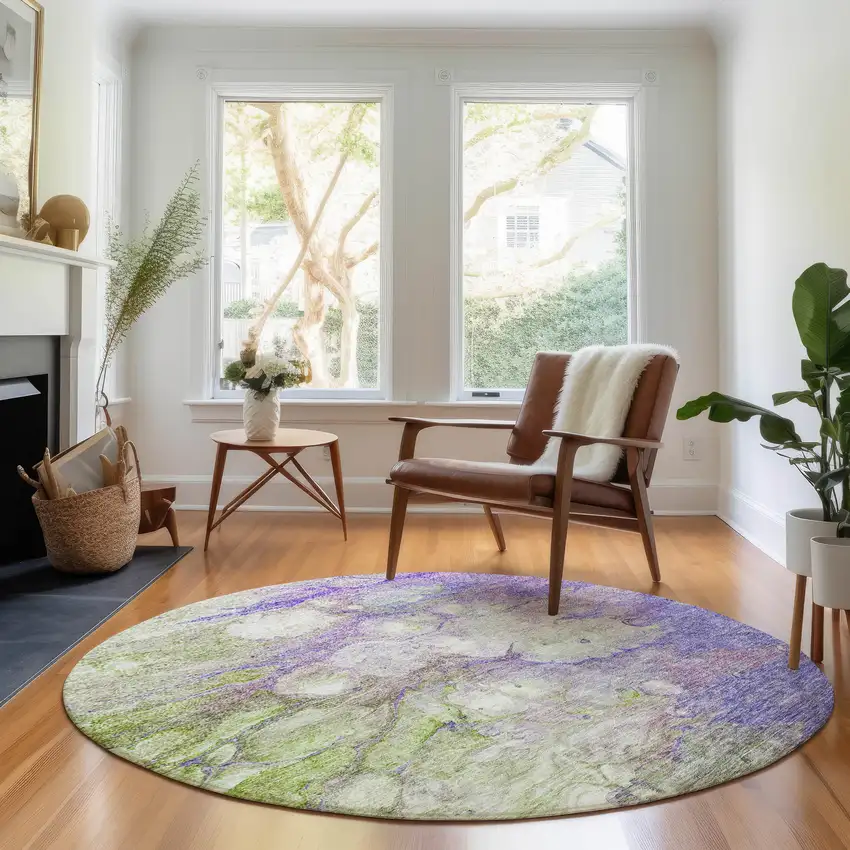 8' Purple Green And Ivory Abstract Washable Round Rug With UV Protection Photo 5