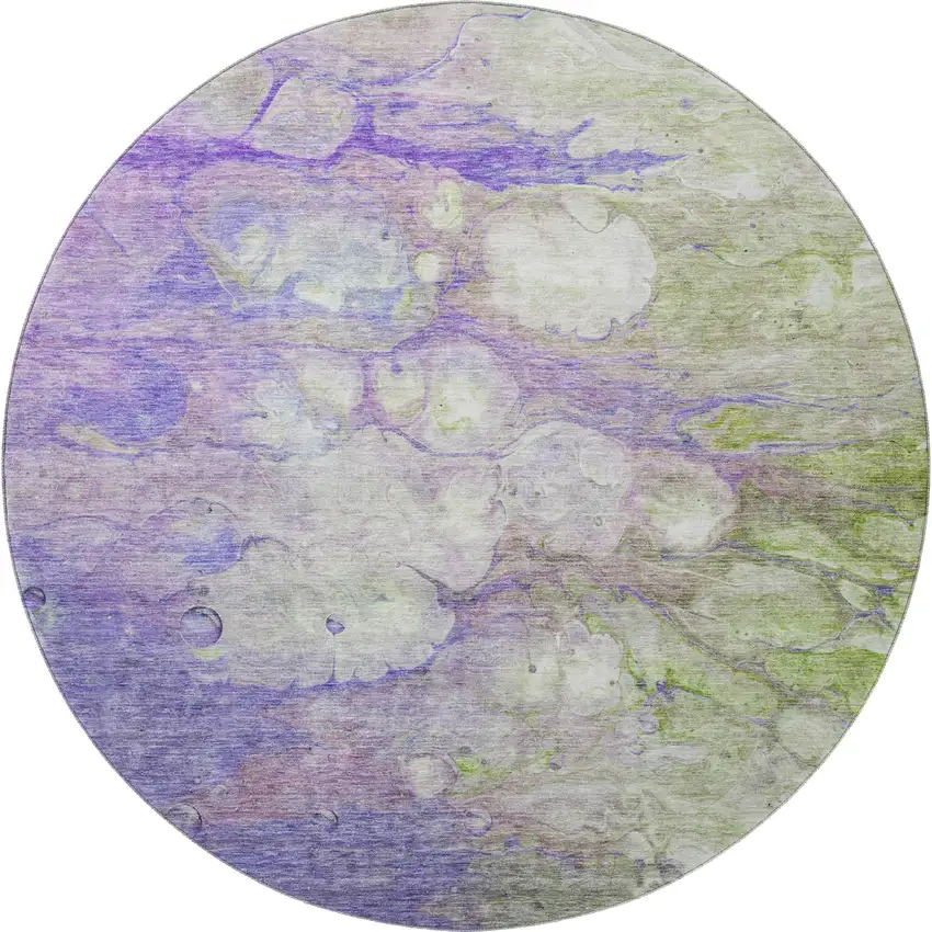 8' Purple Green And Ivory Abstract Washable Round Rug With UV Protection Photo 3