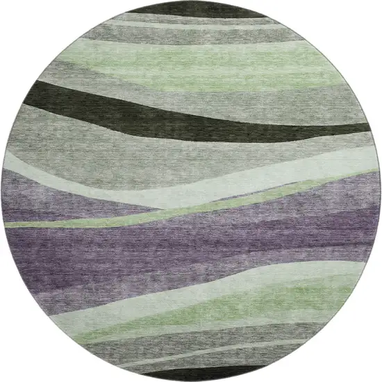 8' Purple Green And Ivory Abstract Washable Round Rug With UV Protection Photo 5