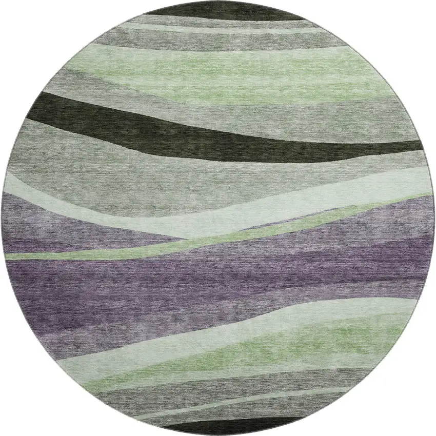 8' Purple Green And Ivory Abstract Washable Round Rug With UV Protection Photo 5