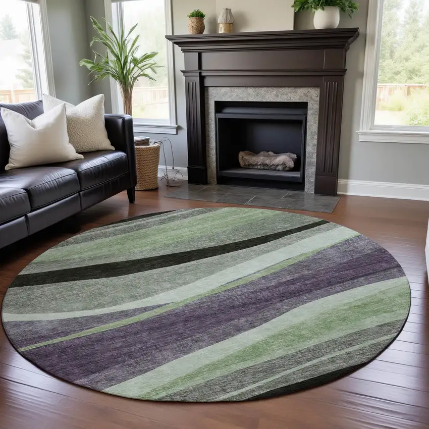 8' Purple Green And Ivory Abstract Washable Round Rug With UV Protection Photo 4