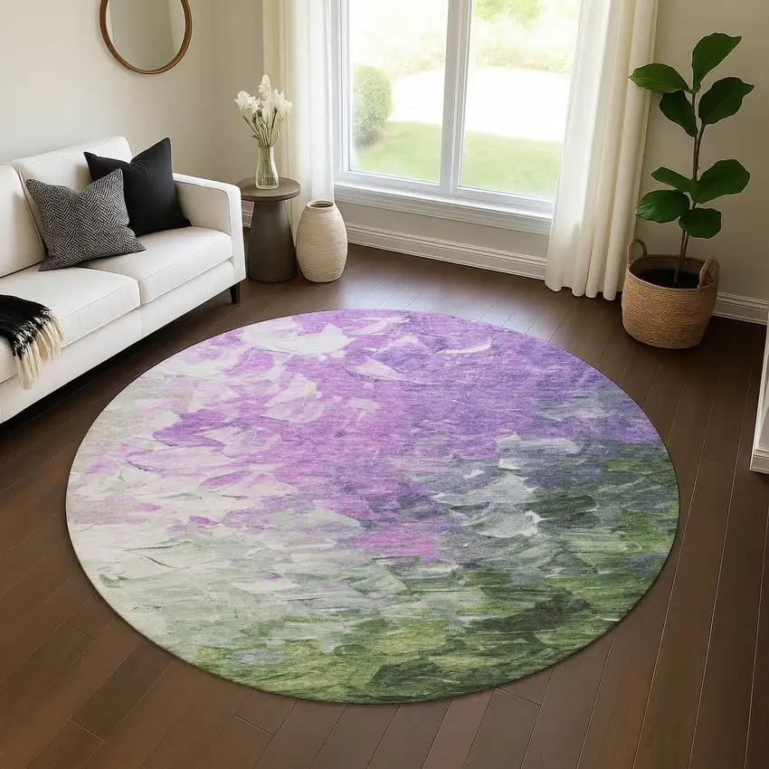 8' Purple Green And Ivory Abstract Washable Round Rug With UV Protection Photo 4