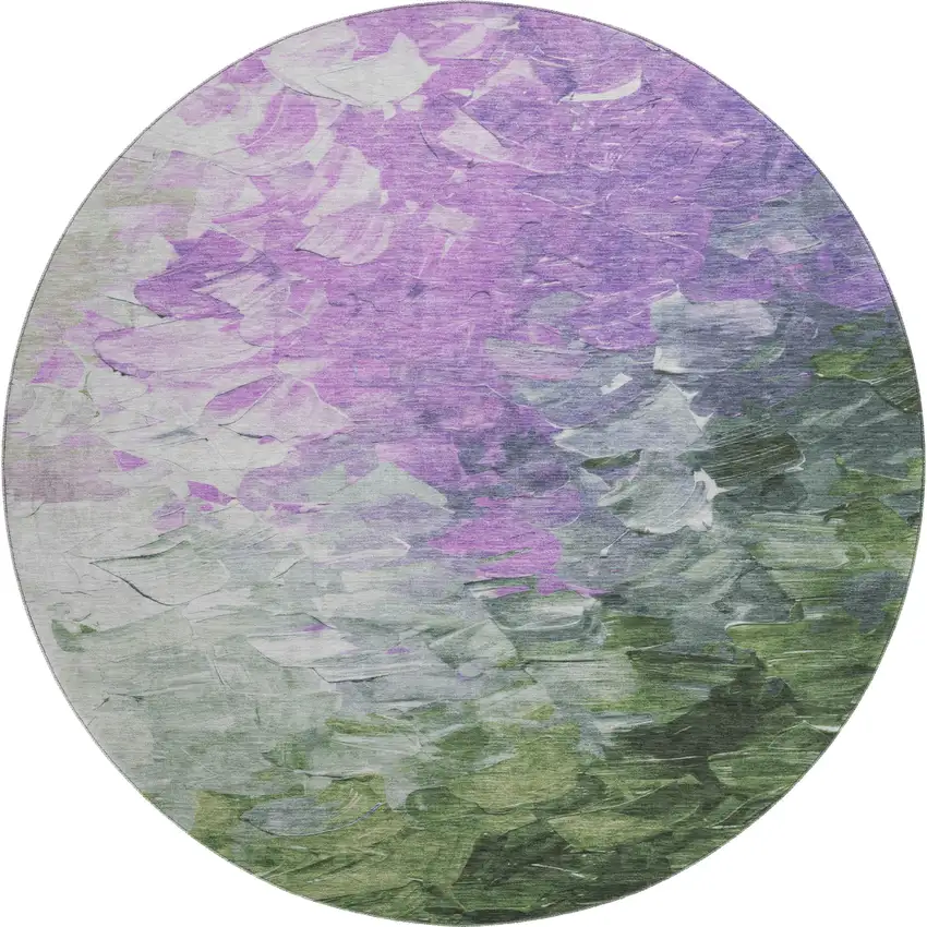 8' Purple Green And Ivory Abstract Washable Round Rug With UV Protection Photo 1