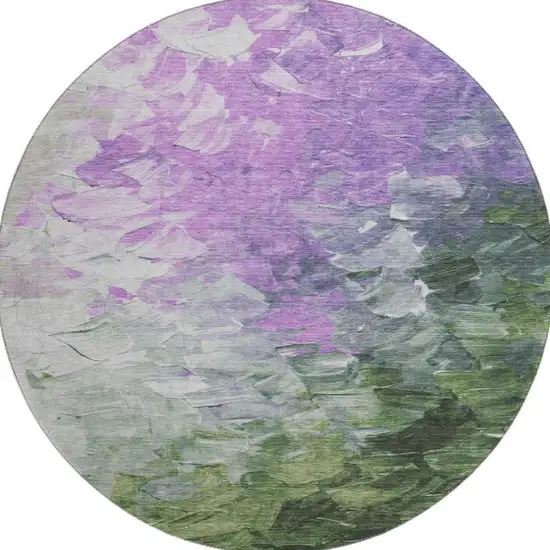 8' Purple Green And Ivory Abstract Washable Round Rug With UV Protection Photo 3