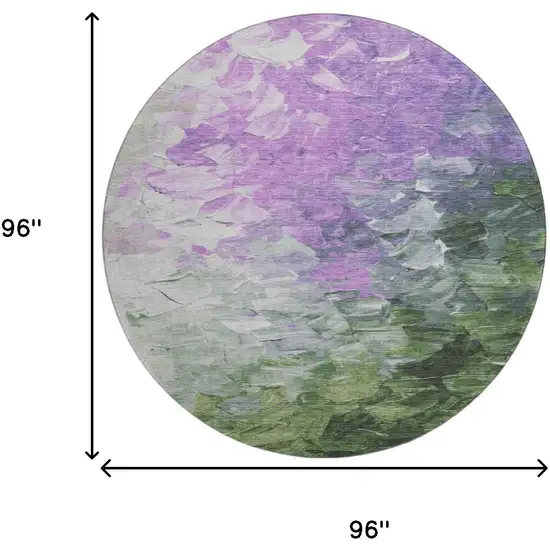8' Purple Green And Ivory Abstract Washable Round Rug With UV Protection Photo 9