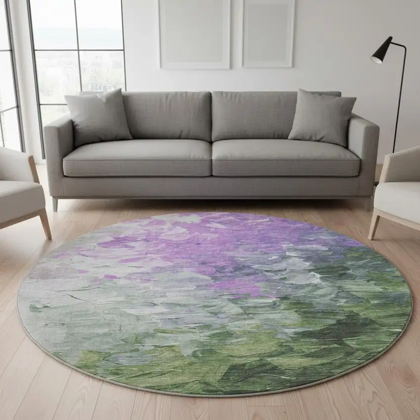 8' Purple Green And Ivory Abstract Washable Round Rug With UV Protection Photo 2