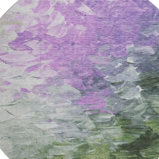 8' Purple Green And Ivory Abstract Washable Round Rug With UV Protection Photo 2