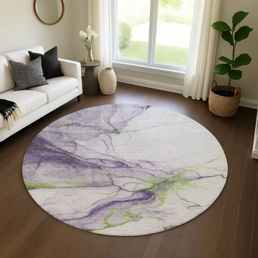8' Purple Green And Ivory Abstract Washable Round Rug With UV Protection Photo 4
