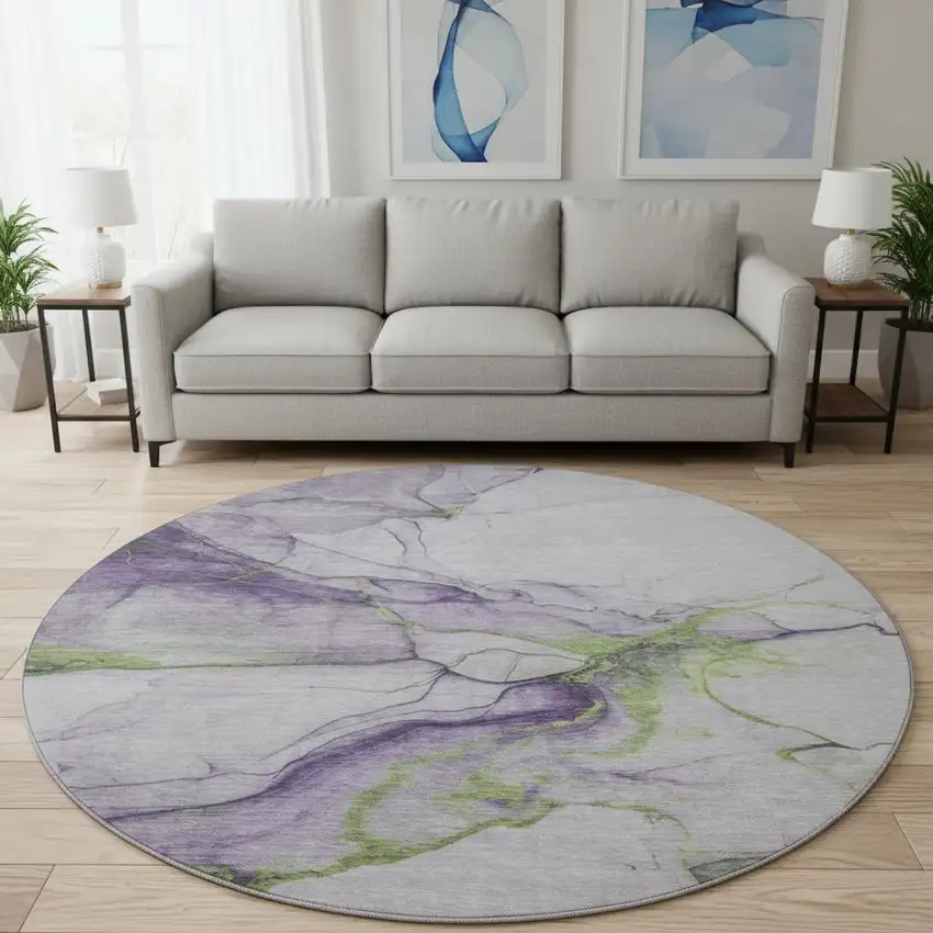 8' Purple Green And Ivory Abstract Washable Round Rug With UV Protection Photo 2