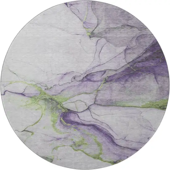 8' Purple Green And Ivory Abstract Washable Round Rug With UV Protection Photo 3