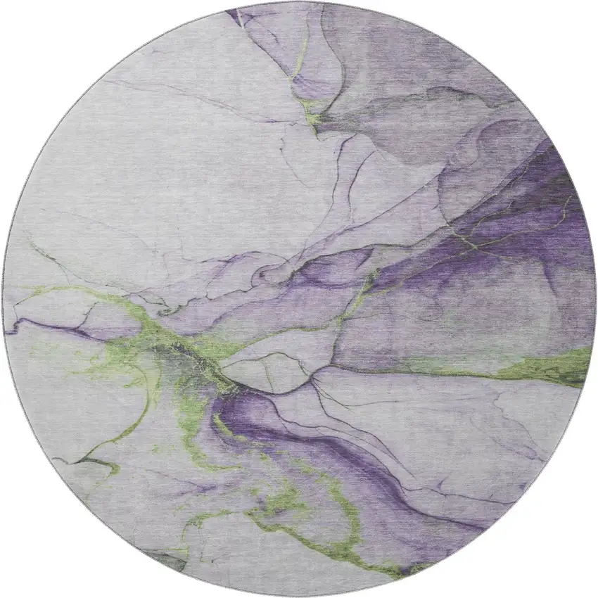 8' Purple Green And Ivory Abstract Washable Round Rug With UV Protection Photo 3