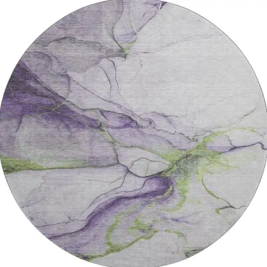 8' Purple Green And Ivory Abstract Washable Round Rug With UV Protection Photo 2