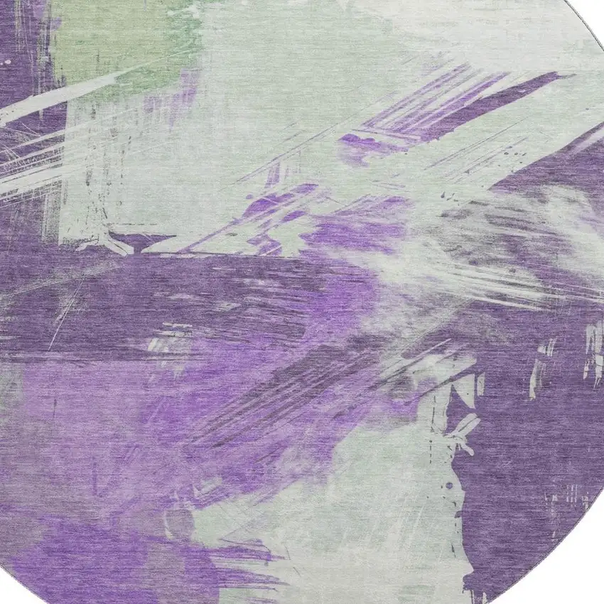 8' Purple Green And Ivory Abstract Washable Round Rug With UV Protection Photo 2