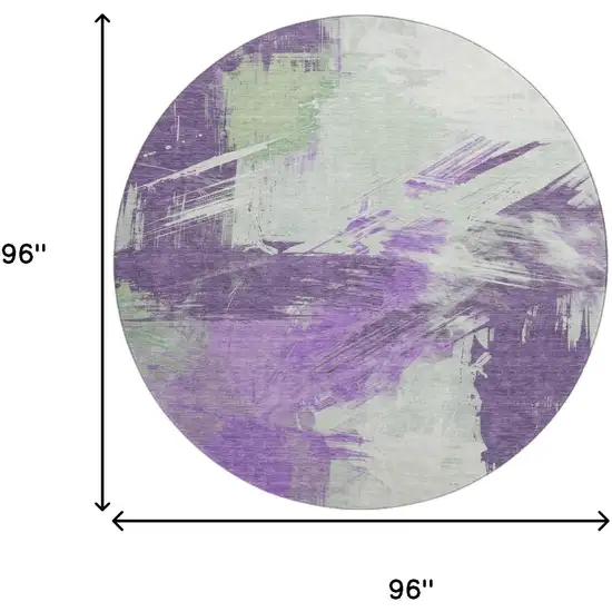 8' Purple Green And Ivory Abstract Washable Round Rug With UV Protection Photo 9