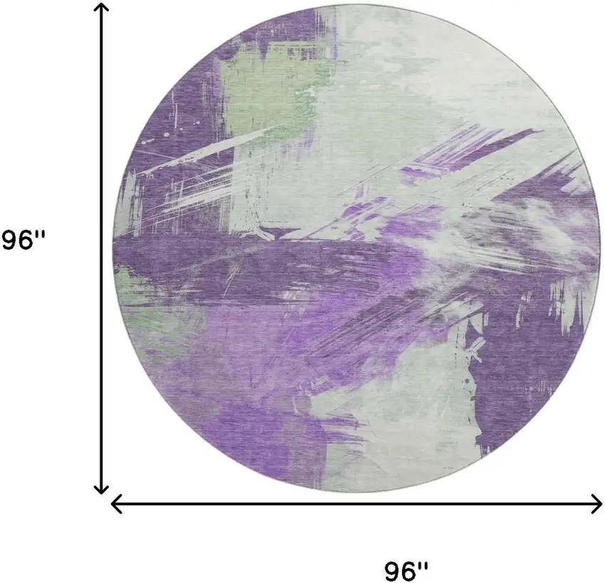 8' Purple Green And Ivory Abstract Washable Round Rug With UV Protection Photo 9