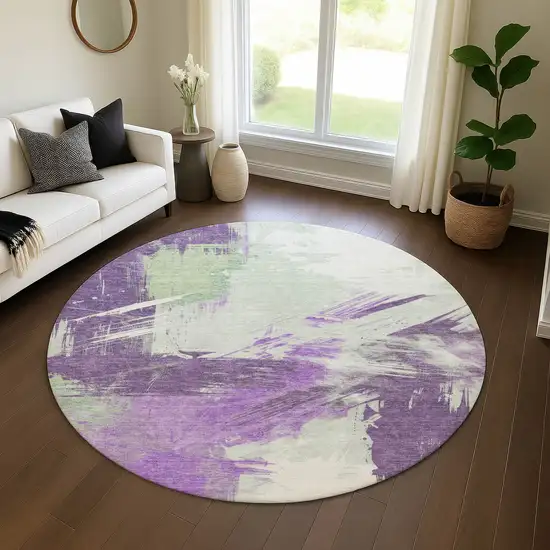 8' Purple Green And Ivory Abstract Washable Round Rug With UV Protection Photo 4