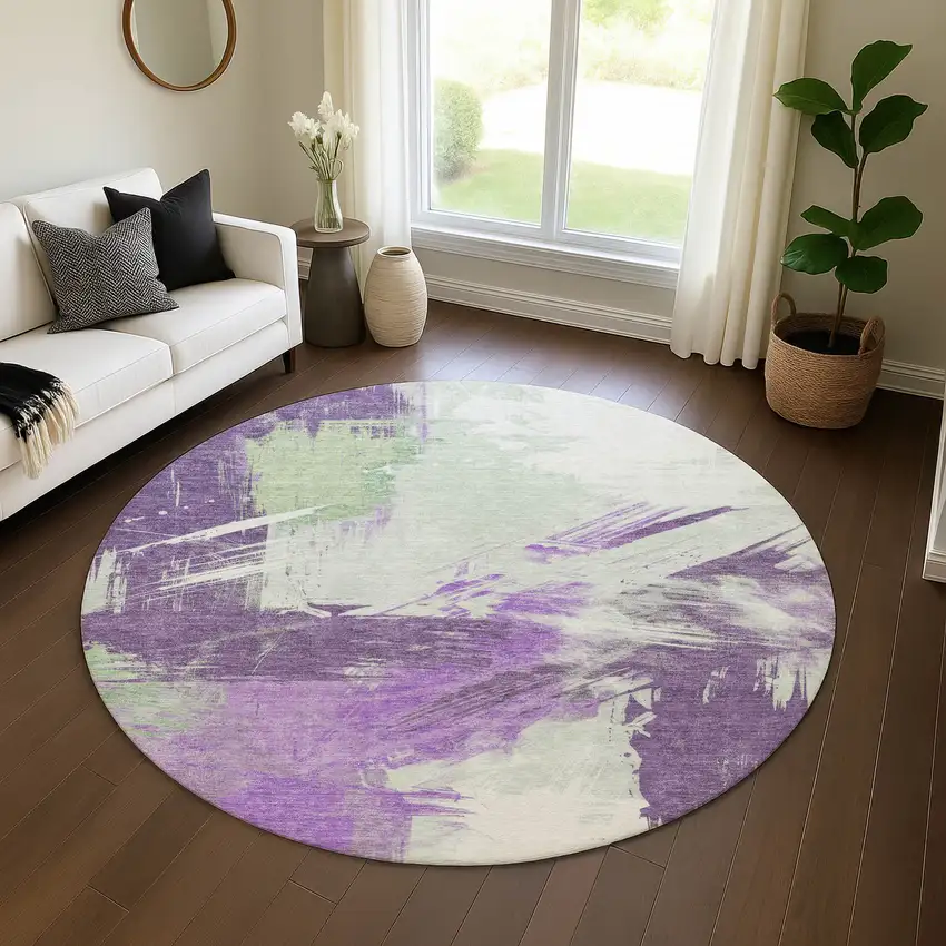 8' Purple Green And Ivory Abstract Washable Round Rug With UV Protection Photo 4