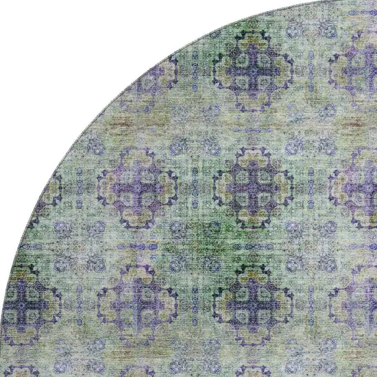 8' Purple Green And Ivory Floral Medallion Washable Round Rug With UV Protection Photo 4