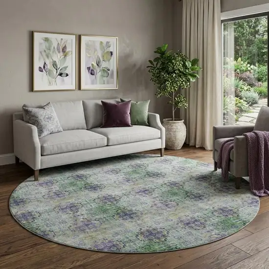 8' Purple Green And Ivory Floral Medallion Distressed Washable Round Rug With UV Protection Photo 1