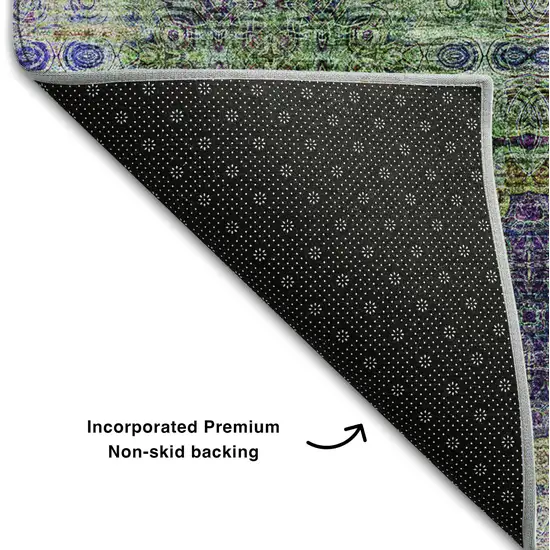 8' Purple Green And Ivory Floral Medallion Washable Round Rug With UV Protection Photo 6