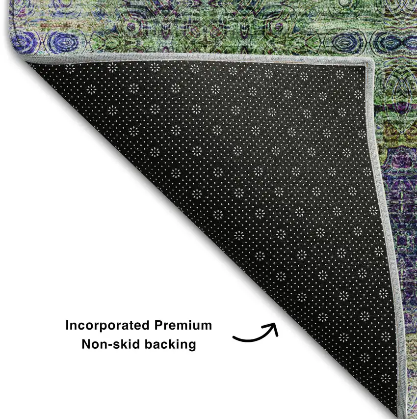 8' Purple Green And Ivory Floral Medallion Washable Round Rug With UV Protection Photo 6