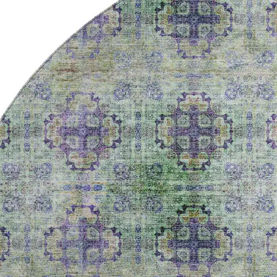 8' Purple Green And Ivory Floral Medallion Washable Round Rug With UV Protection Photo 3