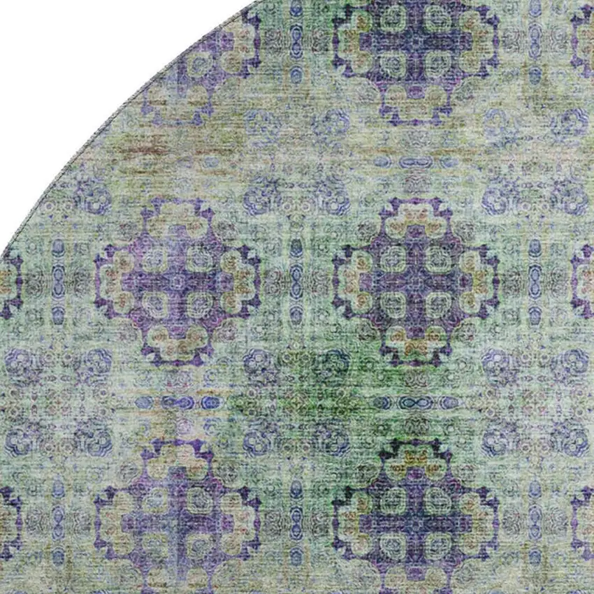 8' Purple Green And Ivory Floral Medallion Washable Round Rug With UV Protection Photo 3