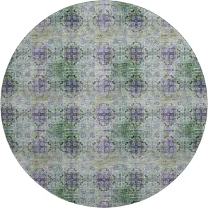Photo of 8' Purple Green And Ivory Floral Medallion Washable Round Rug With UV Protection