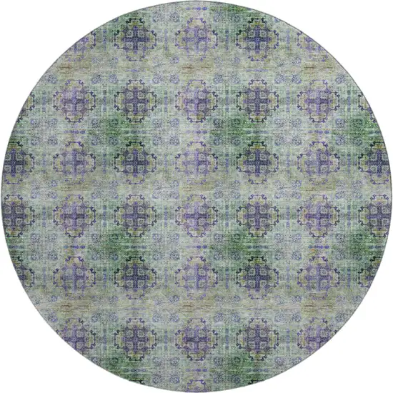 8' Purple Green And Ivory Floral Medallion Washable Round Rug With UV Protection Photo 1