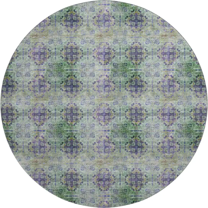 8' Purple Green And Ivory Floral Medallion Washable Round Rug With UV Protection Photo 1