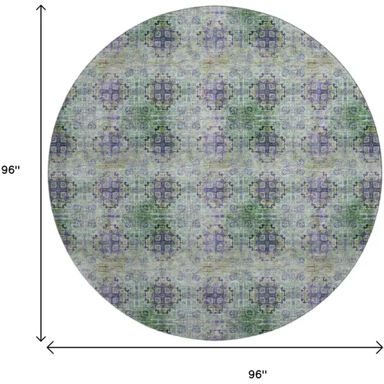 8' Purple Green And Ivory Floral Medallion Distressed Washable Round Rug With UV Protection Photo 9