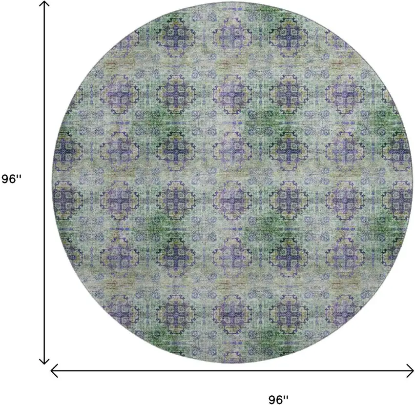 8' Purple Green And Ivory Floral Medallion Distressed Washable Round Rug With UV Protection Photo 9