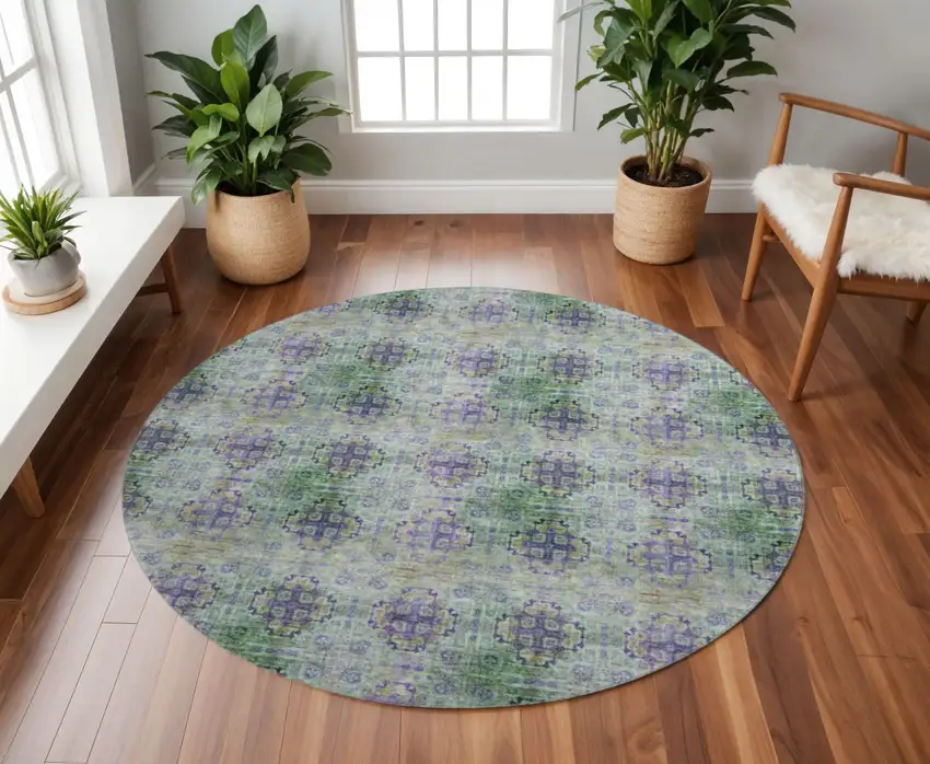 8' Purple Green And Ivory Floral Medallion Washable Round Rug With UV Protection Photo 2