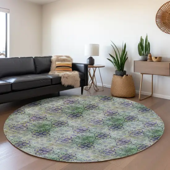 8' Purple Green And Ivory Floral Medallion Washable Round Rug With UV Protection Photo 5