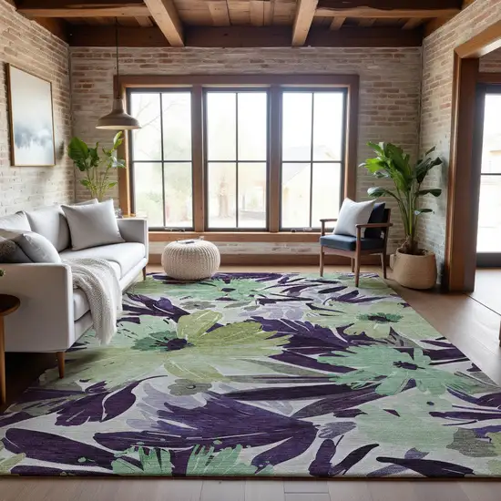 8' Purple Green And Ivory Floral Washable Area Rug With UV Protection Photo 6