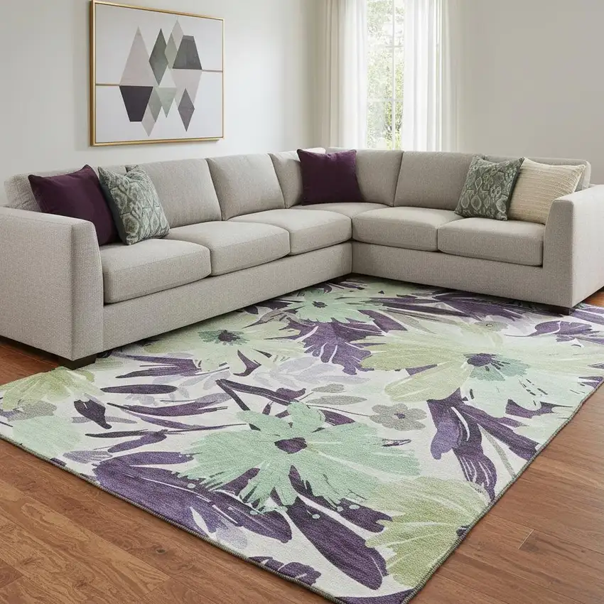 8' Purple Green And Ivory Floral Washable Area Rug With UV Protection Photo 2