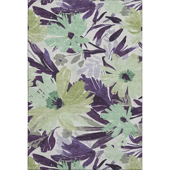 8' Purple Green And Ivory Floral Washable Area Rug With UV Protection Photo 1