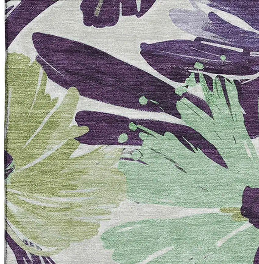 8' Purple Green And Ivory Floral Washable Area Rug With UV Protection Photo 3