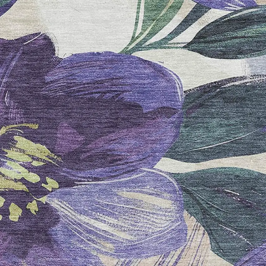 8' Purple Green And Ivory Floral Washable Area Rug With UV Protection Photo 2