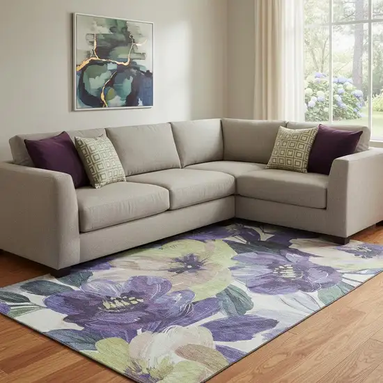 8' Purple Green And Ivory Floral Washable Area Rug With UV Protection Photo 2